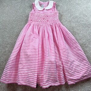 Pennymeade Girls Pink White Striped Smocked Peter Pan Collar Dress Size 5Y